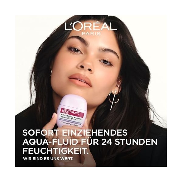 LOréal Paris Hyaluron Aqua-Fluid SPF 30 repulpant protecteur et hydratant pendant 24 heures, pour un teint éclatant, [avec a