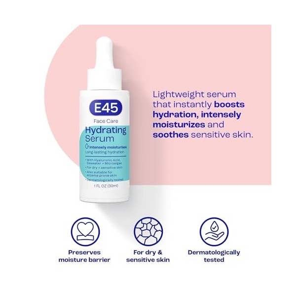 E45 Sérum hydratant pour le visage - Formule instantanée à lacide hyaluronique de 48 heures pour peaux sèches, sensibles et 