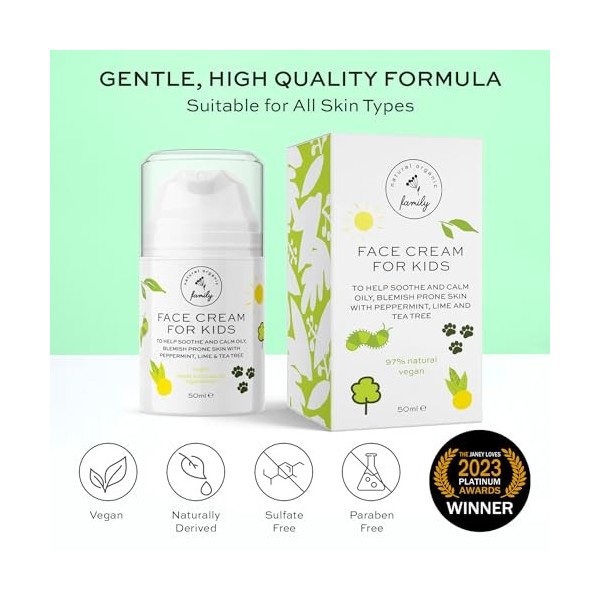 Crème pour le visage pour enfants – Hydratante douce pour le visage pour enfants, ingrédients naturels, soins quotidiens de l