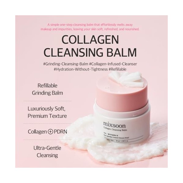mixsoon Collagen Cleansing Balm 50ml, Hydrating Balm-to-Milk Cleanser, Gently removes makeup, Twist-to-dispense, Nourishes wi