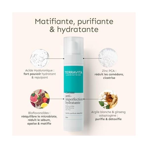 Crème Hydratante Anti-Imperfections | Note Yuka 100/100 | Matifie, Purifie et Rééquilibre | Bioflavonoïdes - Argile Blanche -