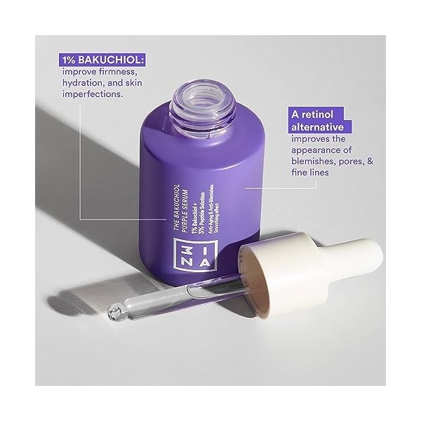 3INA MAKEUP - The Bakuchiol Purple Serum - Sérum Visage avec 1% Bakuchiol + 3% Peptides - Bakuchiol Serum Visage Anti-Tache A
