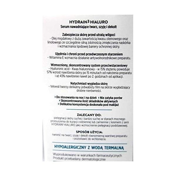 Dermedic - Hydrain3 - Hialuro - Sérum hydratant pour le visage, le cou et Decolltage - 30 ml