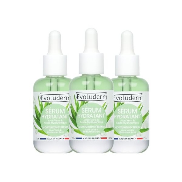 EVOLUDERM – Sérum Hydratant à l’Aloe Vera - 30 ml - 98% d’Origine Naturelle - Végan - Fabrication Française - Lot de 3 x 30 m