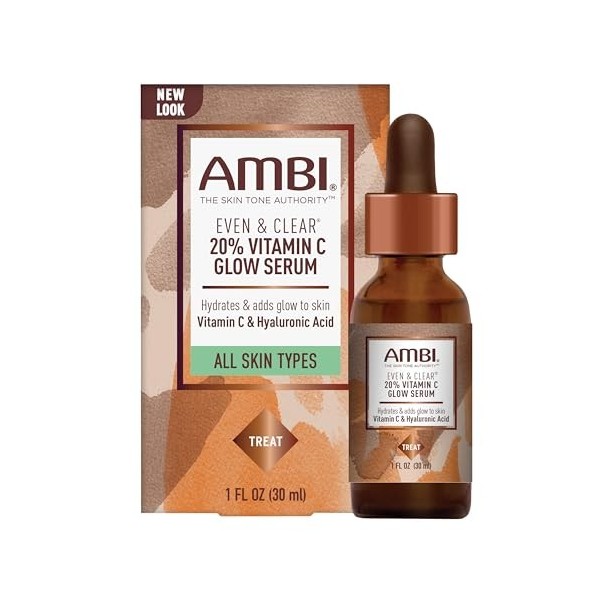 Ambi Even & Clear Sérum à la vitamine C infusé et brillant pour tous les types de peau pour une peau propre, une peau claire,