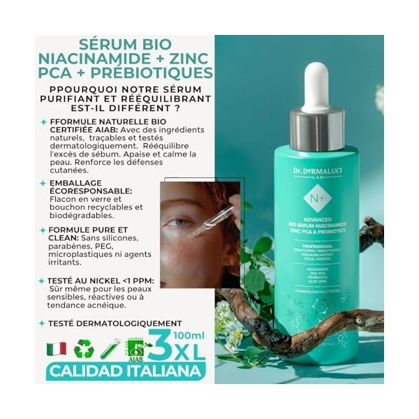 Serum Visage Niacinamide 100ML BIO | Purifiant, Illuminant, Hydratant | Avec Zinc PCA, Prebiotiques & Aloe Vera | Peau Grasse