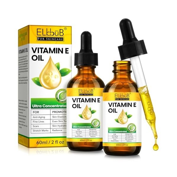 Huile de vitamine E 75000 UI - Huile pure de vitamine E bio pour la peau, le visage et le corps - Soin raffermissant contre l