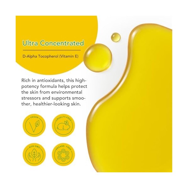 Huile de vitamine E 75000 UI - Huile pure de vitamine E bio pour la peau, le visage et le corps - Soin raffermissant contre l