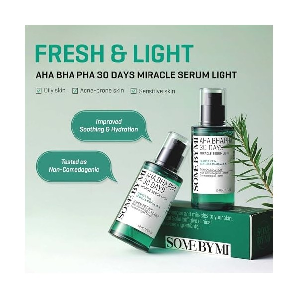 SOME BY MI AHA BHA PHA Sérum Miracle Léger 30 Jours - 1,69 Oz, 50 ml - Fabriqué à partir deau de feuille darbre à thé pour 