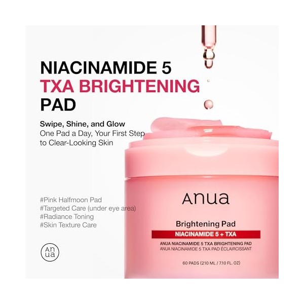 ANUA Tampons Toniques Niacinamide 5 Txa, Soin Hydratant Pour Un Teint Uniforme Et Un Éclat Quotidien 210 Ml, 60 Tampons rou