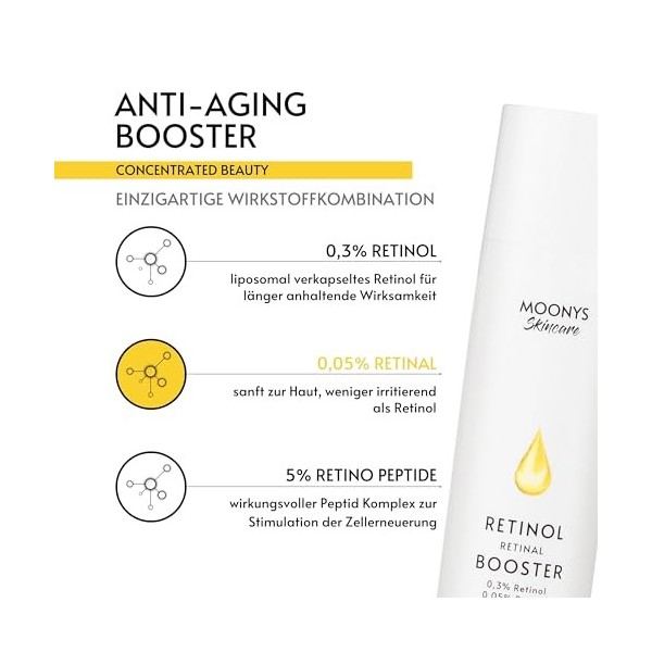 MOONYS® Rétinol Sérum Booster avec 0,3 % de rétinol 0,05 % de rétinol et 5 % de peptides rétino- Vitamine A Bakuchiol Q10 pou