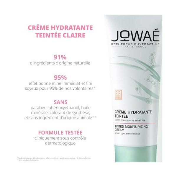 Jowaé - Crème Hydratante Teintée Claire à lEau de Fleurs de Sakura 30ml - Soin visage - Toutes peaux - Peaux sensibles - 93%