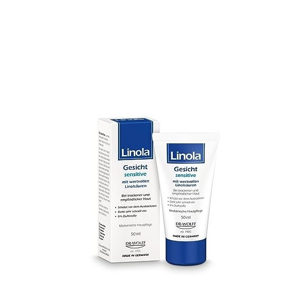 Linola Gesicht Sensitive Gesichtscreme für trockene und empfindliche Haut, 50 ml Crème