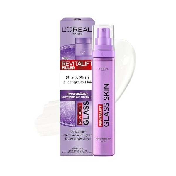 LOréal Paris Glass Skin Fluide hydratant pour peau repulpée et brillante avec acide hyaluronique + 5% [vitamine B3 + Pro B5 
