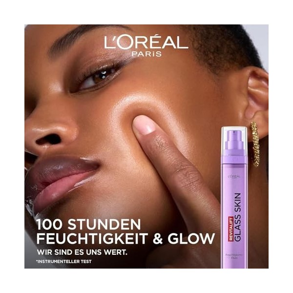 LOréal Paris Glass Skin Fluide hydratant pour peau repulpée et brillante avec acide hyaluronique + 5% [vitamine B3 + Pro B5 