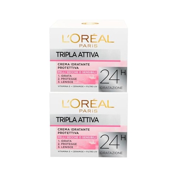 LOréal Paris Triple Active Crème Visage Hydratante pour Peau Sèche ou Sensible, Formule Apaisante 24H, avec Vitamine E et Cé
