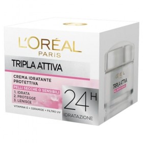LOréal Paris Triple Active Crème Visage Hydratante pour Peau Sèche ou Sensible, Formule Apaisante 24H, avec Vitamine E et Cé