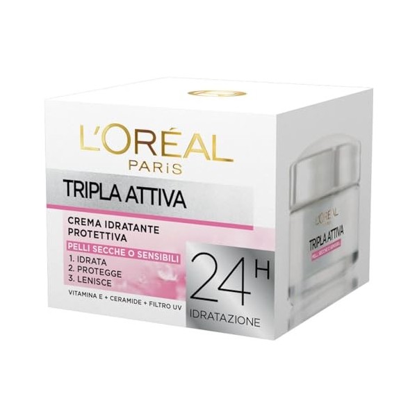 LOréal Paris Triple Active Crème Visage Hydratante pour Peau Sèche ou Sensible, Formule Apaisante 24H, avec Vitamine E et Cé