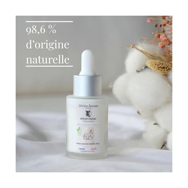 Divine Ânesse – Sérum Visage – Lait d’Ânesse Frais Bio – 30 ml - Hydratant, Régénérant - Peaux Sèches, Normales, Mixtes ou Ma