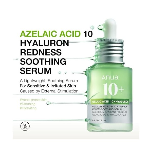 Anua Azelaic Acid 10 Hyaluron Redness Soothing Serum, Sérum apaisant pour peaux sensibles et à imperfections, Acide Hyaluroni