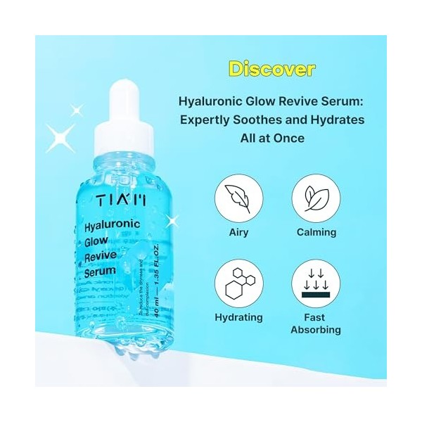 TIAM Hyaluronic Glow Revive Sérum 40 ml – Hydratation intense et brillance – Avec acide hyaluronique, niacinamide et panthéno