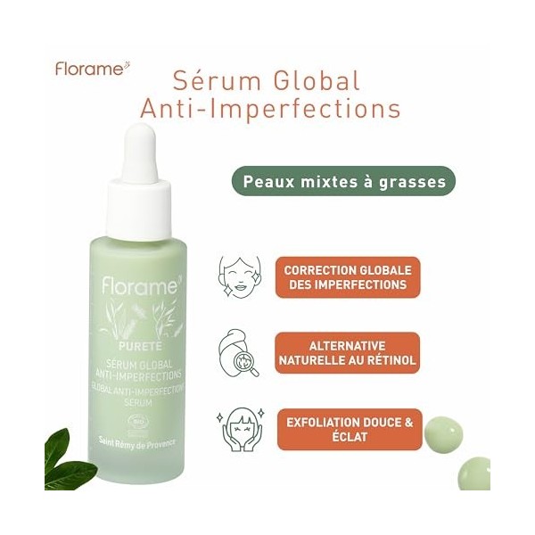 Florame Sérum Global Anti-imperfections 30 ml – Alternative Naturelle au Rétinol – Boutons, Points Noirs & Pores – Peaux Mixt