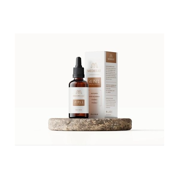 Medielle 4 en 1 Sérum facial, 60 ml, avec acide hyaluronique, vitamine C, vitamine E, niacinamide