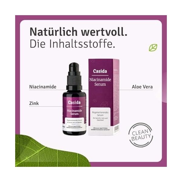 Casida® Sérum au Niacinamide - Sérum régénérant au niacinamide - pour un teint clair et fin - Idéal pour les peaux à problème