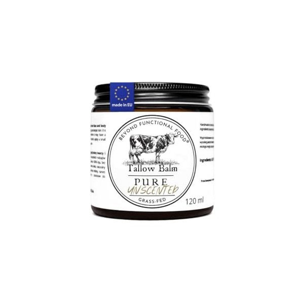 Baume Hypoallergénique Pure Unscented Tallow 120 ml, baume hydratant naturel au suif de bœuf grass‑fed pour peaux sensibles e...