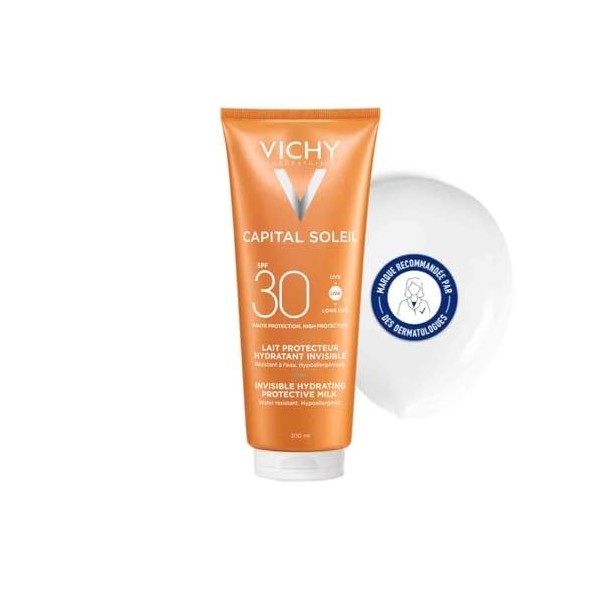 Vichy, Capital Soleil, Lait Solaire Hydratant SPF30, Visage et Corps, Résiste à lEau, Protection Très Large Spectre UVA et U