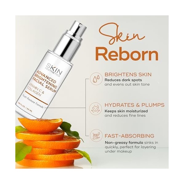 Skin Aesthetics Sérum à la vitamine C avec collagène : traitement des taches sombres, clarification de la peau, anti-âge et a