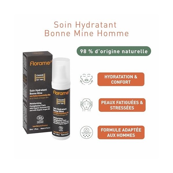 Florame Soin Hydratant Bonne Mine Homme 50 ml – Hydratation & Éclat du Teint – Peaux Fatiguées – Fabriqué en France