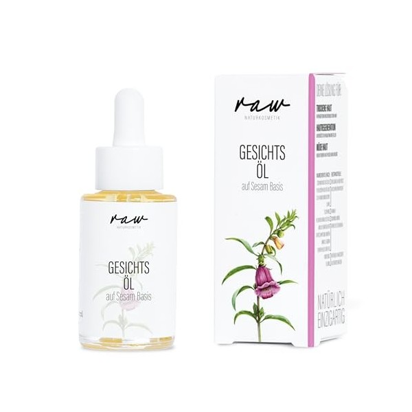 raw Kosmetik, Huile de sésame pour le visage - 30 ml - Avec huile bio pressée à froid - Idéale pour les peaux sèches et très