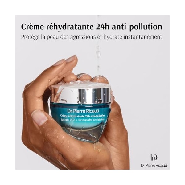 Dr Pierre Ricaud Crème Réhydratante 24h Anti-Pollution - Creme pour le Visage à la Molécule de Sodium PCA - Soin Réhydratant 