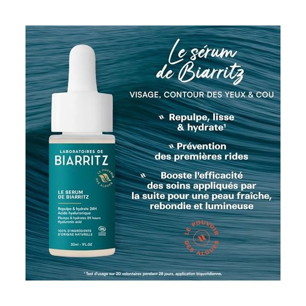 Laboratoires de Biarritz – Le Sérum de Biarritz – Repulpe, Lisse & Hydrate 24H – Formule Vegan – Certifié Bio – Visage, Conto