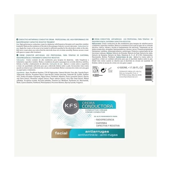 Crème Conductrice RF Visage Anti-rides 500 ml. Diathermie capacitive et résistive. Avec du collagène marin, des vitamines A-C