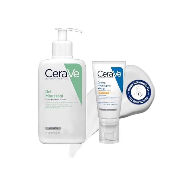 CeraVe - Routine Visage - Gel Moussant 562 ml + Crème Hydratante Visage SPF 30 52 ml - Nettoie, Hydrate & Protège des UV - So