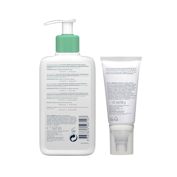 CeraVe - Routine Visage - Gel Moussant 562 ml + Crème Hydratante Visage SPF 30 52 ml - Nettoie, Hydrate & Protège des UV - So