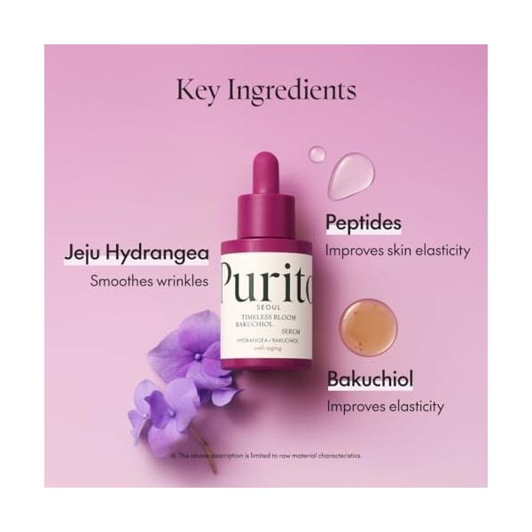 PURITO SEOUL Sérum temporel Bloom Bakuchiol Korean Jeju Hydrangea pour peau sensible, ampoule, réduction de ligne fine, sérum