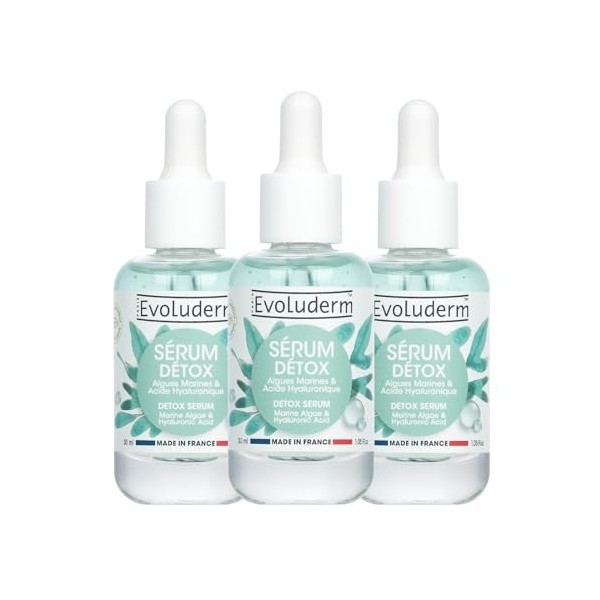 EVOLUDERM – Sérum Détox aux Algues Marines et Acide Hyaluronique - 30 ml - 98% d’Origine Naturelle - Végan - Fabrication Fran