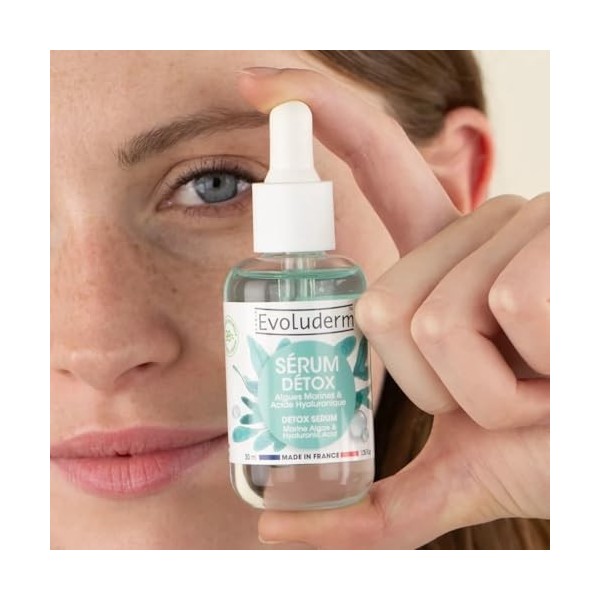 EVOLUDERM – Sérum Détox aux Algues Marines et Acide Hyaluronique - 30 ml - 98% d’Origine Naturelle - Végan - Fabrication Fran