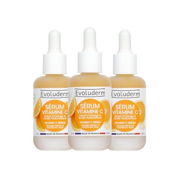 EVOLUDERM – Sérum Eclat à la Vitamine C - 30ml - 98% d’Origine Naturelle - Végan - Fabrication Française - Lot de 3 x 30 ml