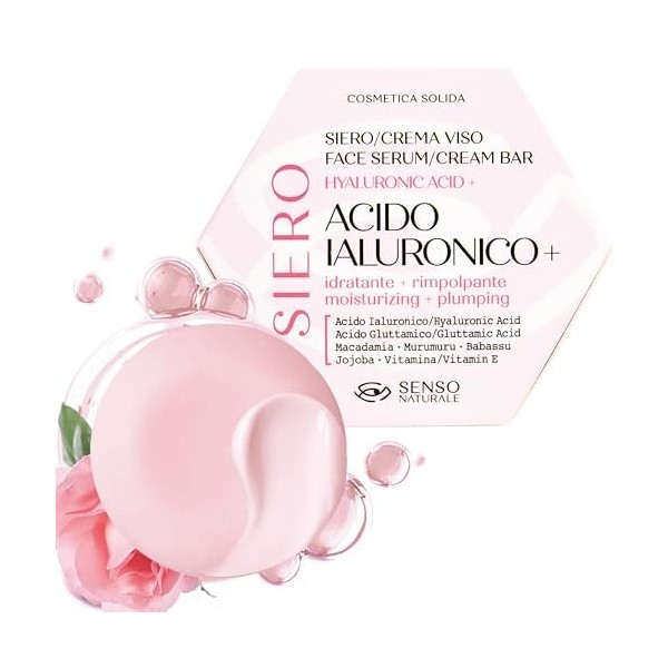 Senso Naturale Sérum Visage Solide Hydratant et Repulpant avec Acide Hyaluronique Pur Concentré et Vitamine E, Crème Visage p