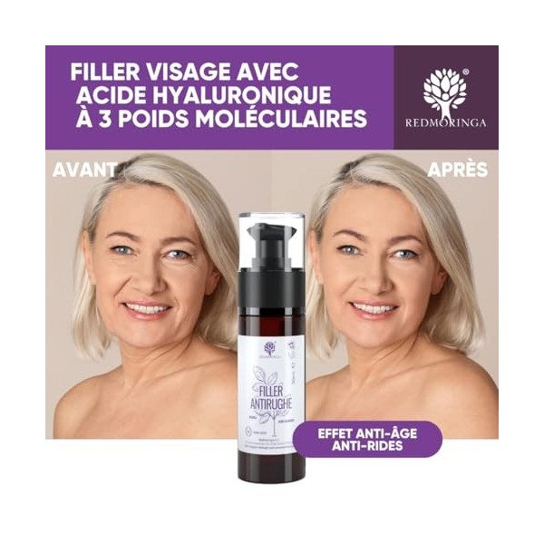 RedMoringa Sérum Combleur Anti-Rides - 98% Naturel - Acide Hyaluronique Pur et Moringa Visage - 30 ml - Fabriqué en Italie
