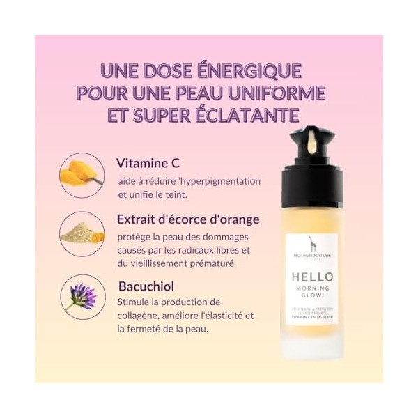 MOTHER NATURE COSMETICS Sérum Visage Vitamine C 30 ml – Acide Hyaluronique – Soin Anti-Âge & Anti-Taches – Hydratant Éclat Pe