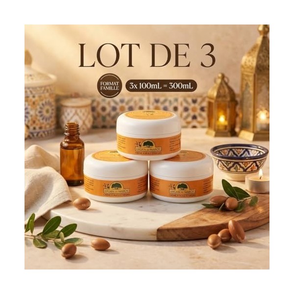 Lot de 3 Crèmes Anti-Rides à l’Huile d’Argan du Maroc – Soin Visage & Contour des Yeux – Jour & Nuit – Hydratant, Nourrissant