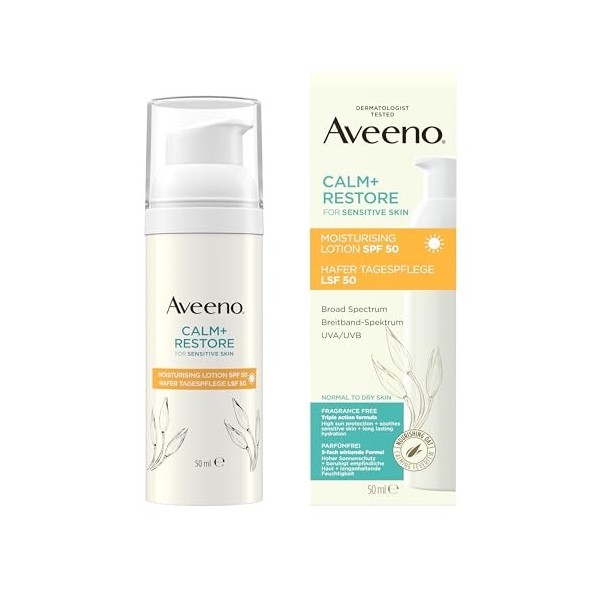 Aveeno CALM+RESTORE Soin de jour à lavoine SPF 50 50 ml , large spectre UVA/UVB, apaise les peaux sensibles, hydratation du