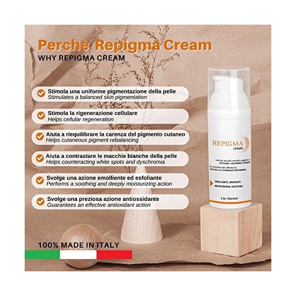Repigma Cream : crème utile en cas de peau sujette aux taches blanches et à la décoloration. 95% d’ingrédients naturels