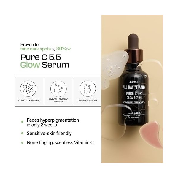 Jumiso All Day Vitamin Pure C 5.5 Glow Serum, L-Ascorbinsäure, Ferulasäure, Tocopherol, Alpha Arbutin, Pure Vitamin C Serum f