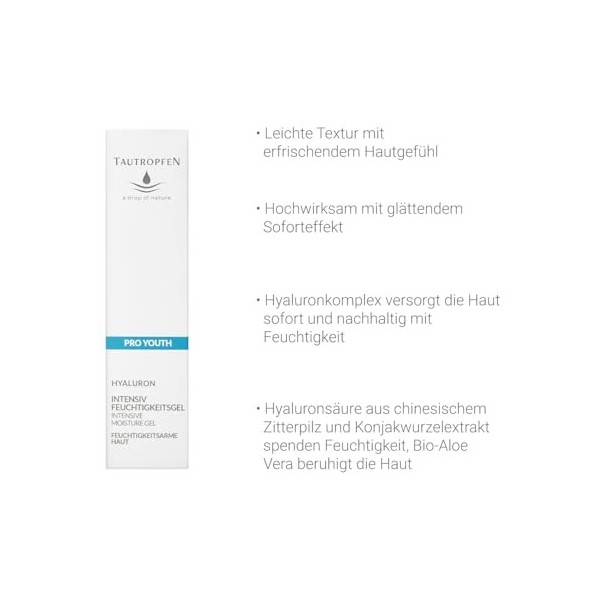 TAUTROPFEN cosmétique naturelle, hyaluron, gel hydratant intensif pour peaux normales à déshydratées, 50 ml